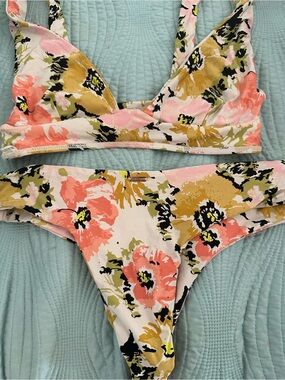 Volcom Floral Bikini Set in Coral, Mustard & Black on White